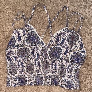 American Eagle Outfitters Blue and Cream Floral Smocked Top